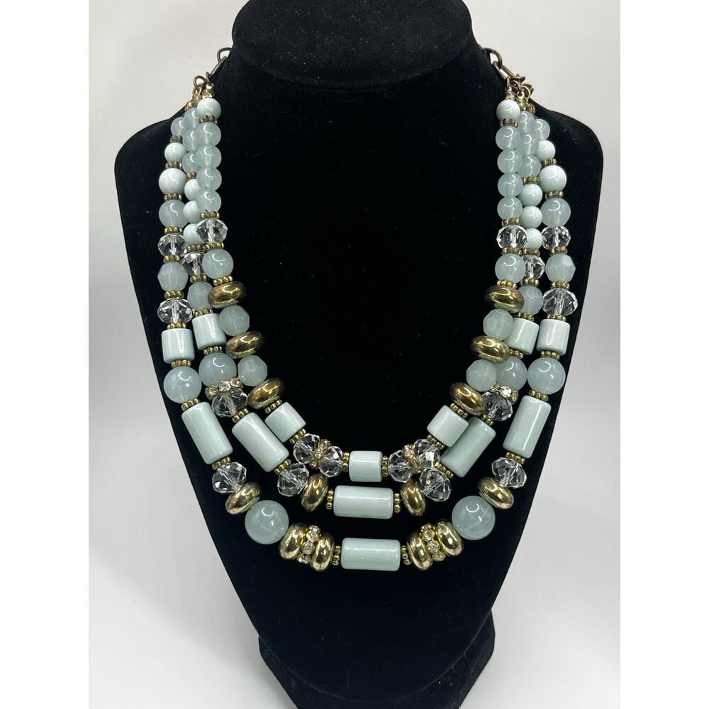 Green Blue Multi Strand Beaded Statement Necklace Rhinestone Spacers Faceted